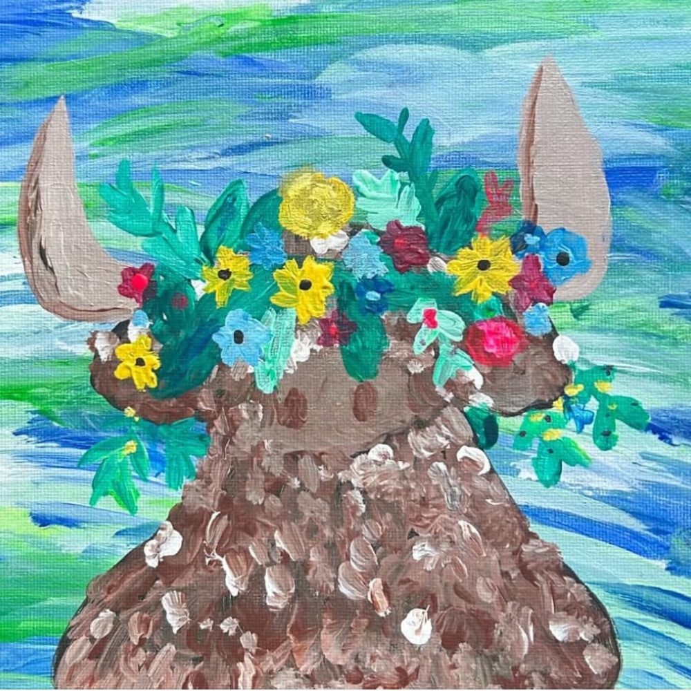 Colorful Floral fluffy cow acrylic Art
